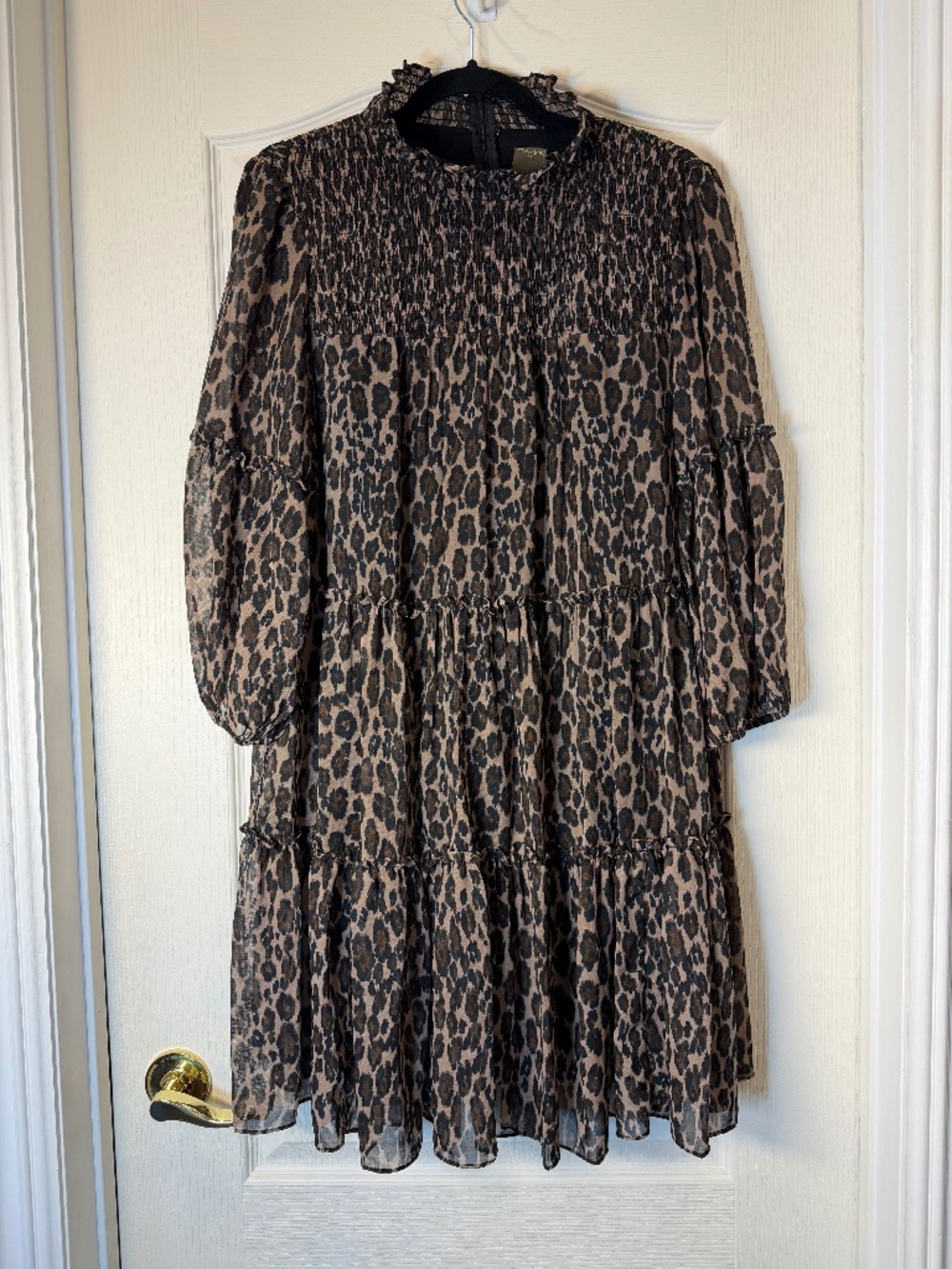 Taylor Leopard Print Tiered Dress Women’s Size 8 Smocked High Neck Sheer Sleeves